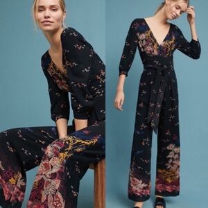 ANTHROPOLOGIE Feather and Bone Nara Floral Jumpsuit  Wide Straight Leg S…